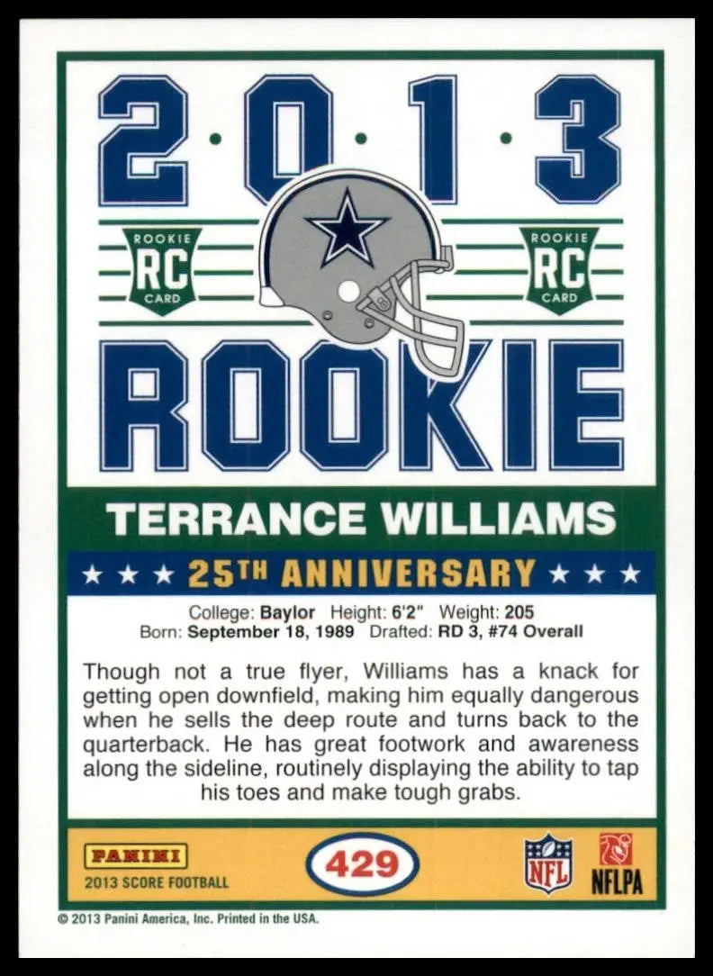 2013 Score Green Rookie Terrance Williams #429 Dallas Cowboys Football Card NFL - Football Card Single