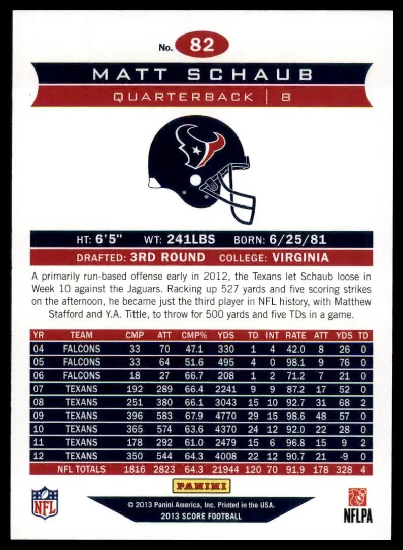 2013 Score Matt Schaub #82 Houston Texans Football Card NFL Sports - Football Card Single