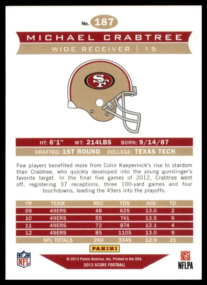 2013 Score Michael Crabtree #187 San Francisco 49ers Football Card NFL Sports - Football Card Single