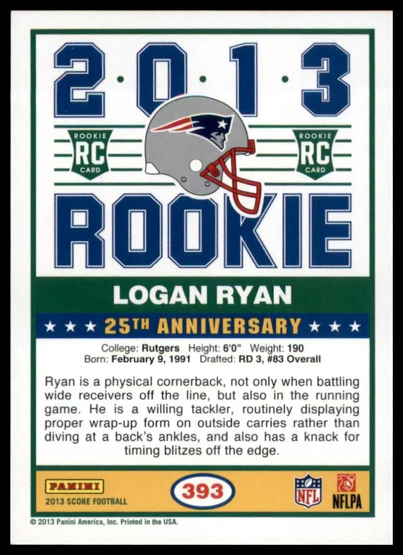 2013 Score Rookie Logan Ryan #393 New England Patriots Football Card NFL Sports - Football Card Single