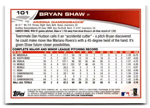 Original gloss Bryan Shaw baseball card from 2013 Topps #101 NM-MT Diamondbacks