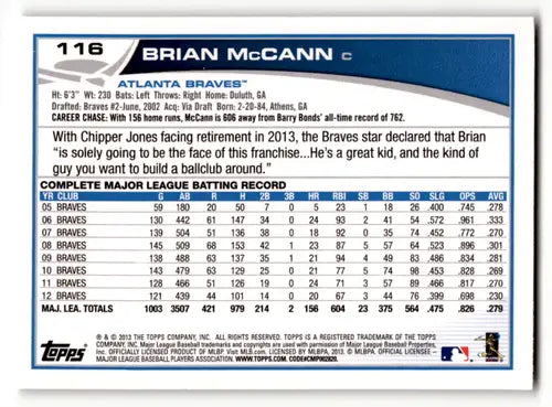 Baseball card back featuring original gloss of Brian McCann, NM-MT Braves 2013 Topps