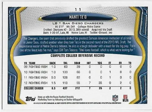 2013 Topps #11C Manti Te’o NM-MT SP - Football Card Single