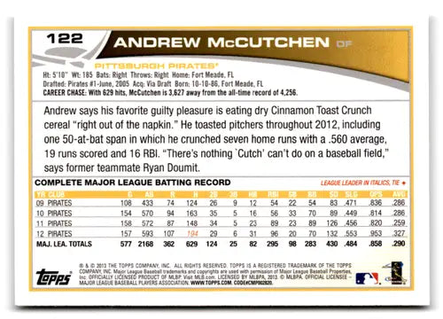 2013 Topps 122a Andrew McCutchen Pirates baseball card in NM-MT condition