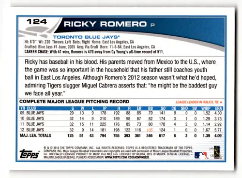 Original gloss Ricky Romero baseball card from 2013 Topps, NM-MT Blue Jays ID 63654
