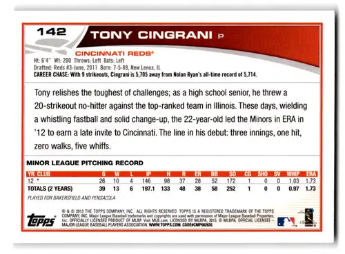 Original gloss Tony Cingrani baseball card from 2013 Topps Excellent Reds collection