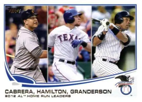 Baseball card featuring Miguel Cabrera, Josh Hamilton, and Curtis Granderson in original gloss