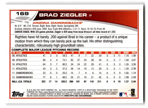 2013 Topps #169 Brad Ziegler NM-MT Diamondbacks ID:70473 - Baseball Card Single