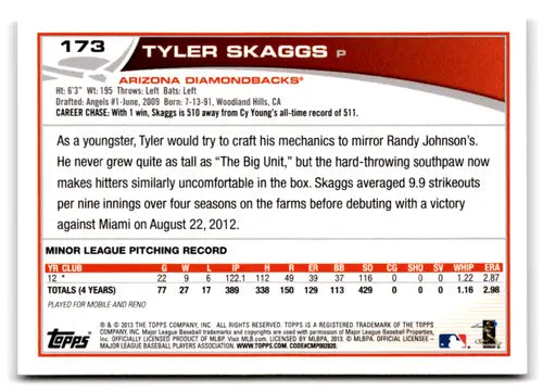 2013 Topps Tyler Skaggs baseball card with original gloss, Tyler Skaggs NM-MT condition