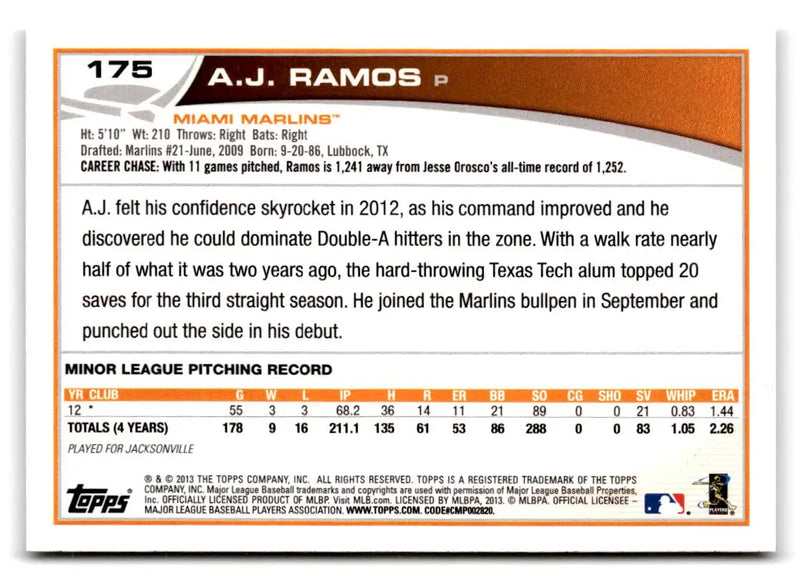 2013 Topps #175 A.J. Ramos - Baseball Card Single