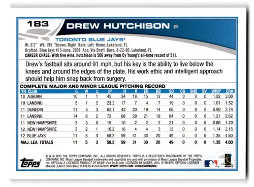 2013 Topps #183 Drew Hutchison NM-MT Blue Jays ID:72124 - Baseball Card Single