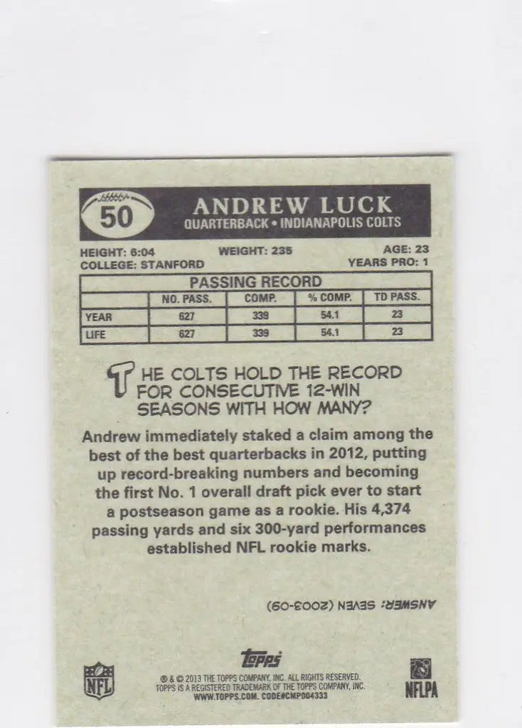 2013 Topps 1959 Mini #50 Andrew Luck Indianapolis Colts