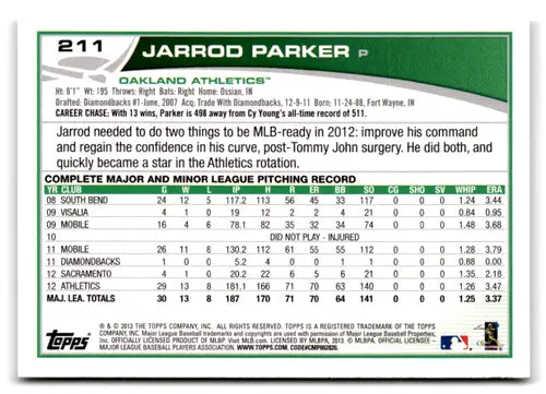 2013 Topps Jarrod Parker NM-MT baseball card back with original gloss Athletics ID 72826