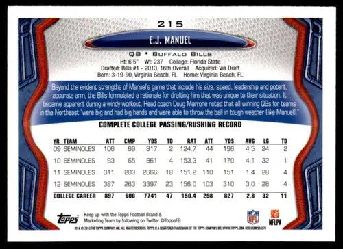 2013 Topps #215 EJ Manuel NM Near Mint RC Rookie Bills ID:82018 - Football Card Single