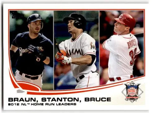 Baseball card featuring Giancarlo Stanton Ryan Braun and Jay Bruce with original gloss