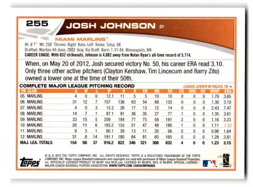 Josh Johnson baseball card back with original gloss from 2013 Topps NM-MT Marlins