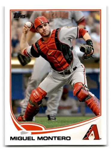 Baseball trading card of Miguel Montero in catcher’s gear from 2013 Topps with original gloss