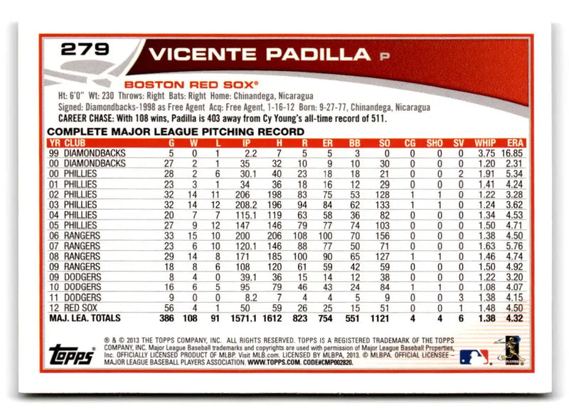 2013 Topps #279 Vicente Padilla - Baseball Card Single