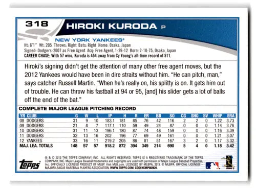 Original gloss baseball card of Hiroki Kuroda NM-MT from 2013 Topps Yankees series