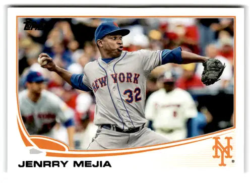 Baseball card of Jenrry Mejia in original gloss NM-MT Mets uniform featuring New York and 32