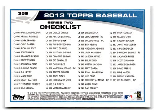 Baseball card checklist featuring 2013 Topps CC Sabathia NM-MT Yankees original gloss