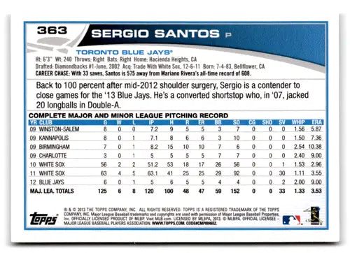 Sergio Santos Blue Jays baseball card with original gloss from 2013 Topps #363