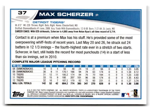 Original gloss Max Scherzer baseball card from 2013 Topps NM-MT Tigers ID 72984