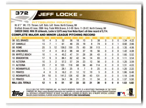 2013 Topps Jeff Locke NM-MT baseball card with player statistics and original gloss