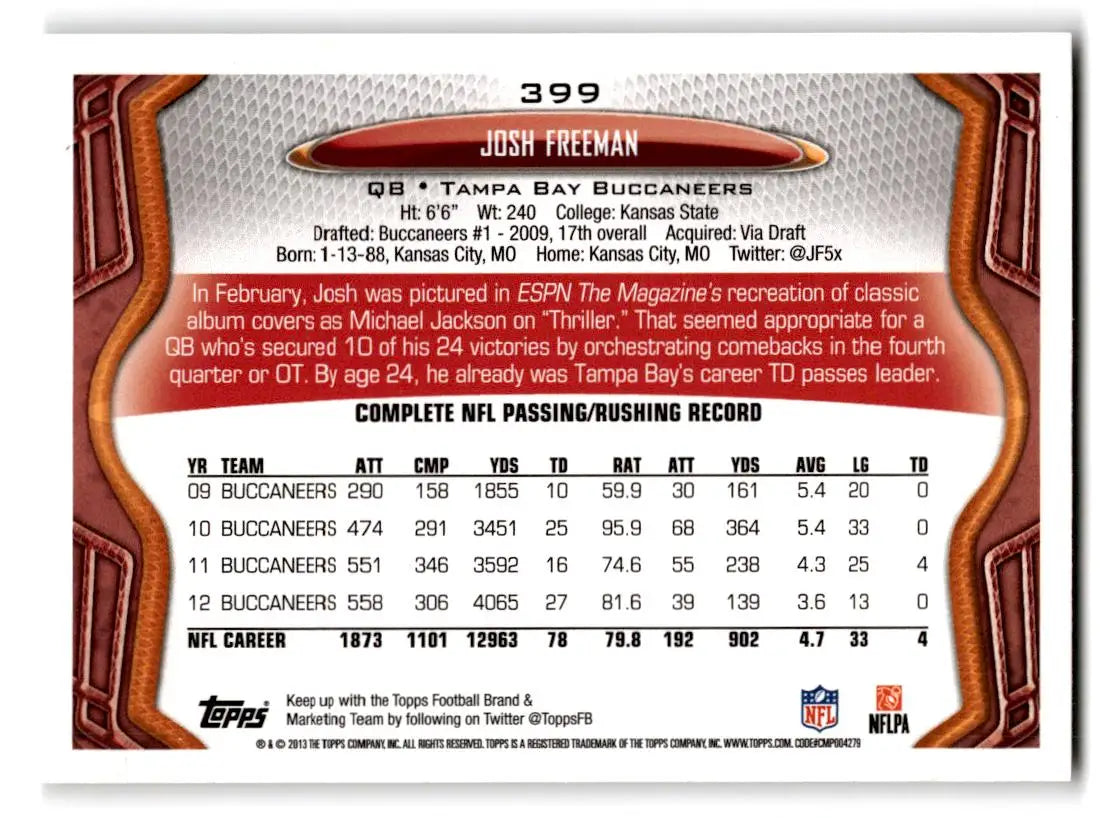 2013 Topps #399 Josh Freeman - Football Card Single