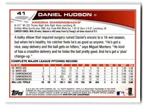 Baseball card back featuring original gloss of Daniel Hudson NM-MT Diamondbacks