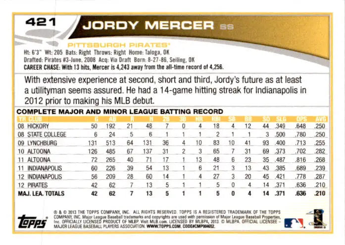 2013 Topps #421 Jordy Mercer - Baseball Card Single