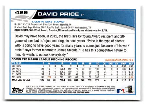 2013 Topps #429 David Price NM-MT Rays ID:72824 - Baseball Card Single