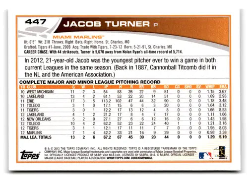 2013 Topps Jacob Turner baseball card with original gloss and NM-MT condition