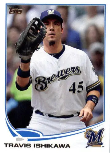 Baseball card featuring Travis Ishikawa from 2013 Topps with original gloss and Brewers ID