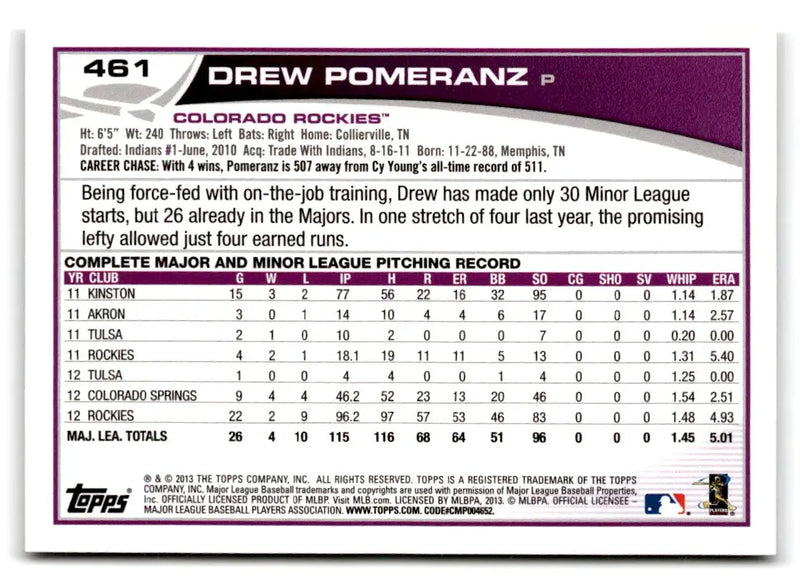 2013 Topps #461 Drew Pomeranz - Baseball Card Single