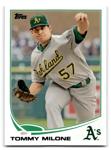 Original gloss baseball trading card of Tommy Milone in mint Athletics uniform