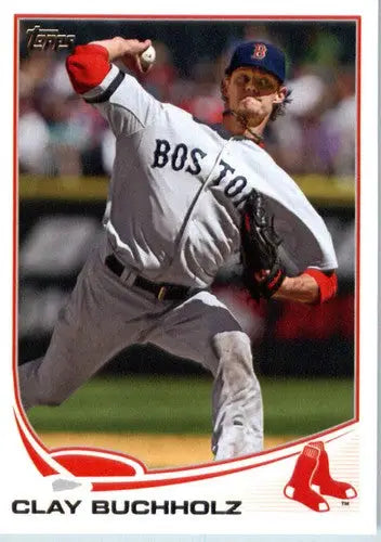 2013 Topps Clay Buchholz baseball card with original gloss featuring Red Sox memorabilia
