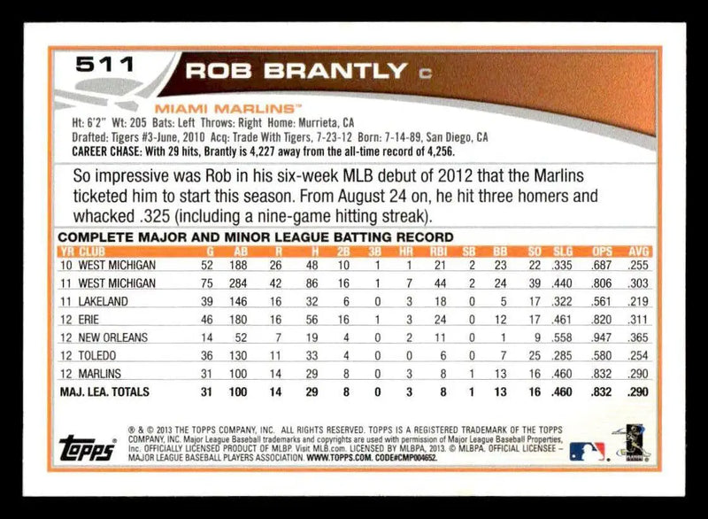2013 Topps #511 Rob Brantly - Baseball Card Single