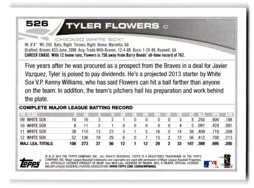 Original gloss Tyler Flowers baseball card from 2013 Topps White Sox series