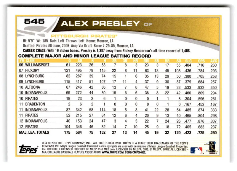 2013 Topps #545 Alex Presley - Baseball Card Single