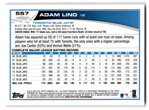 2013 Topps #557 Adam Lind NM-MT Blue Jays ID:72347 - Baseball Card Single