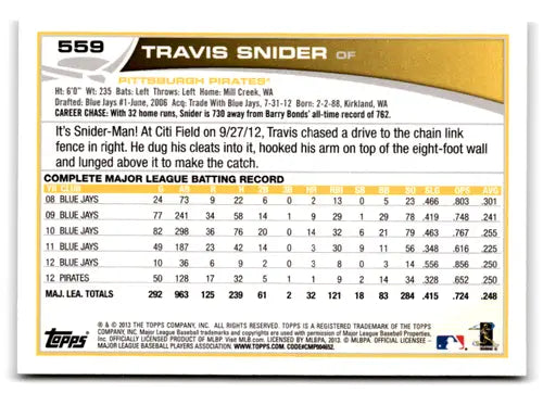 Baseball card back with original gloss from 2013 Topps Travis Snider NM-MT Pirates ID 73009