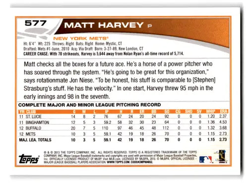 2013 Topps #577 Matt Harvey NM-MT Mets ID:70754 - Baseball Card Single