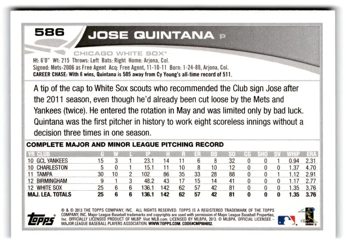 2013 Topps #586 Jose Quintana Blue - Baseball Card Single