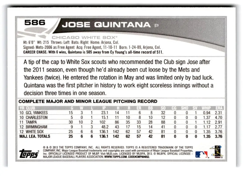 2013 Topps #586 Jose Quintana Blue - Baseball Card Single
