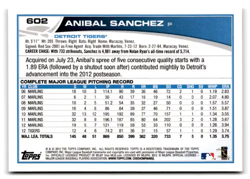 Anibal Sanchez baseball card with original gloss from 2013 Topps Tigers collection