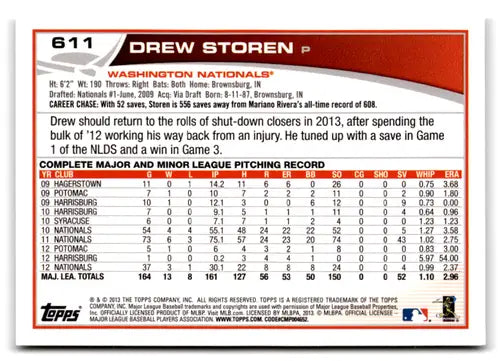 2013 Topps #611 Drew Storen NM-MT Nationals ID:73012 - Baseball Card Single