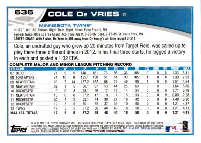 2013 Topps #636 Cole De Vries - Baseball Card Single