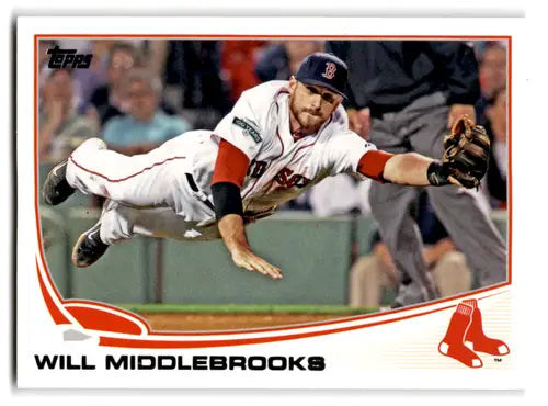 2013 Topps Will Middlebrooks Red Sox baseball card with original gloss showing diving play