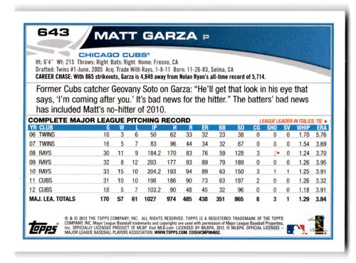 2013 Topps #643 Matt Garza NM-MT Cubs ID:71887 - Baseball Card Single